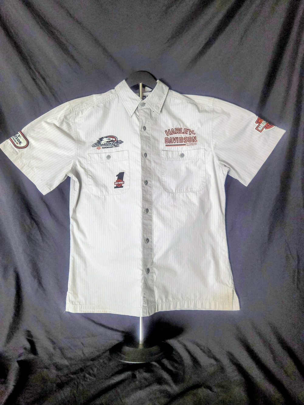 Vintage Harley-Davidson White Pinstripe Short-Sleeve Button Down Shirt